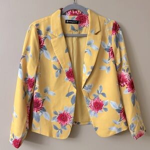Women's Open Front Workwear Crop Suit Blazer Jacket Yellow-Floral